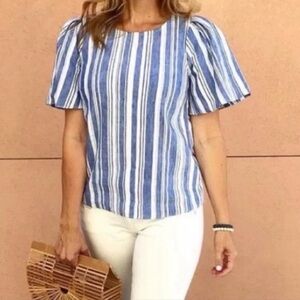 CABI #5343 S Linen blue-white stipe Wing short sleeve top preppy coastal